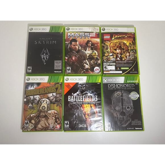 Xbox 360 7 Game Lot, Skyrim, Mass Effect 2, Borderlands 2, BF3, Dishonored GOTY - Picture 1 of 6